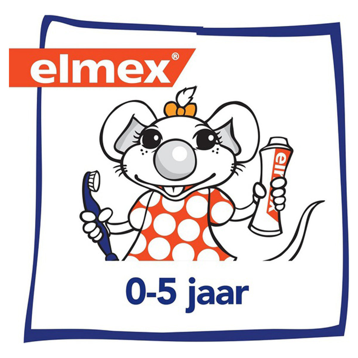 Elmex tandpasta illustratie muisje met tandenborstel en tube, 0-5 jaar
