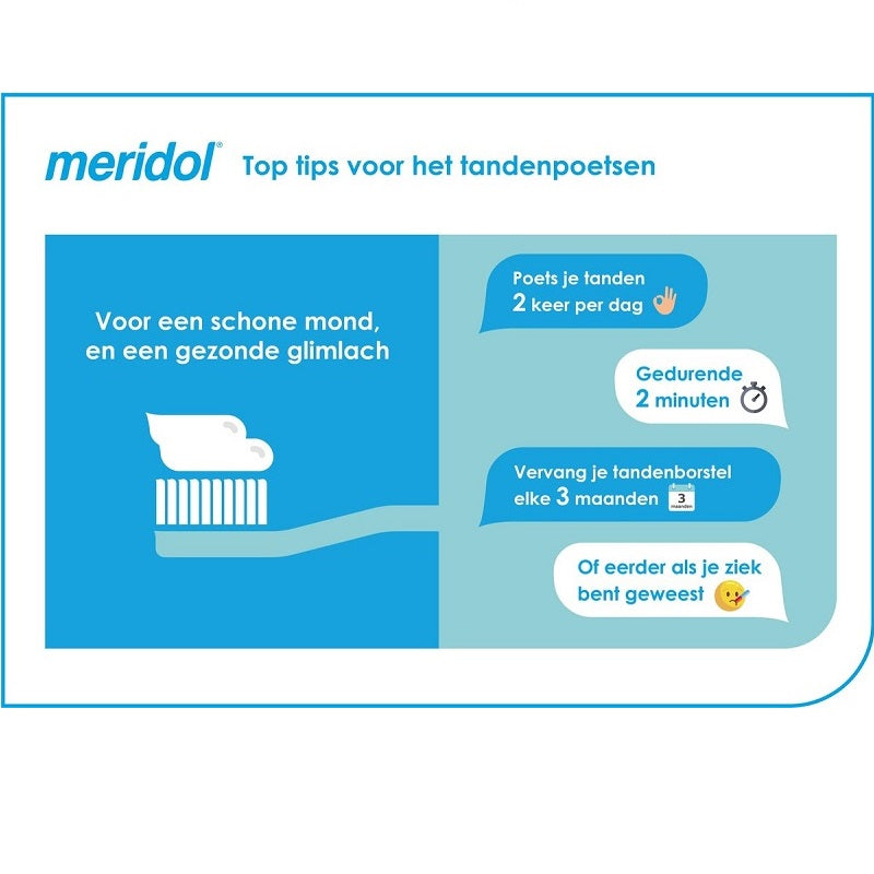 Meridol infographic met top tips voor tandenpoetsen en frequentie tandenborstel vervangen