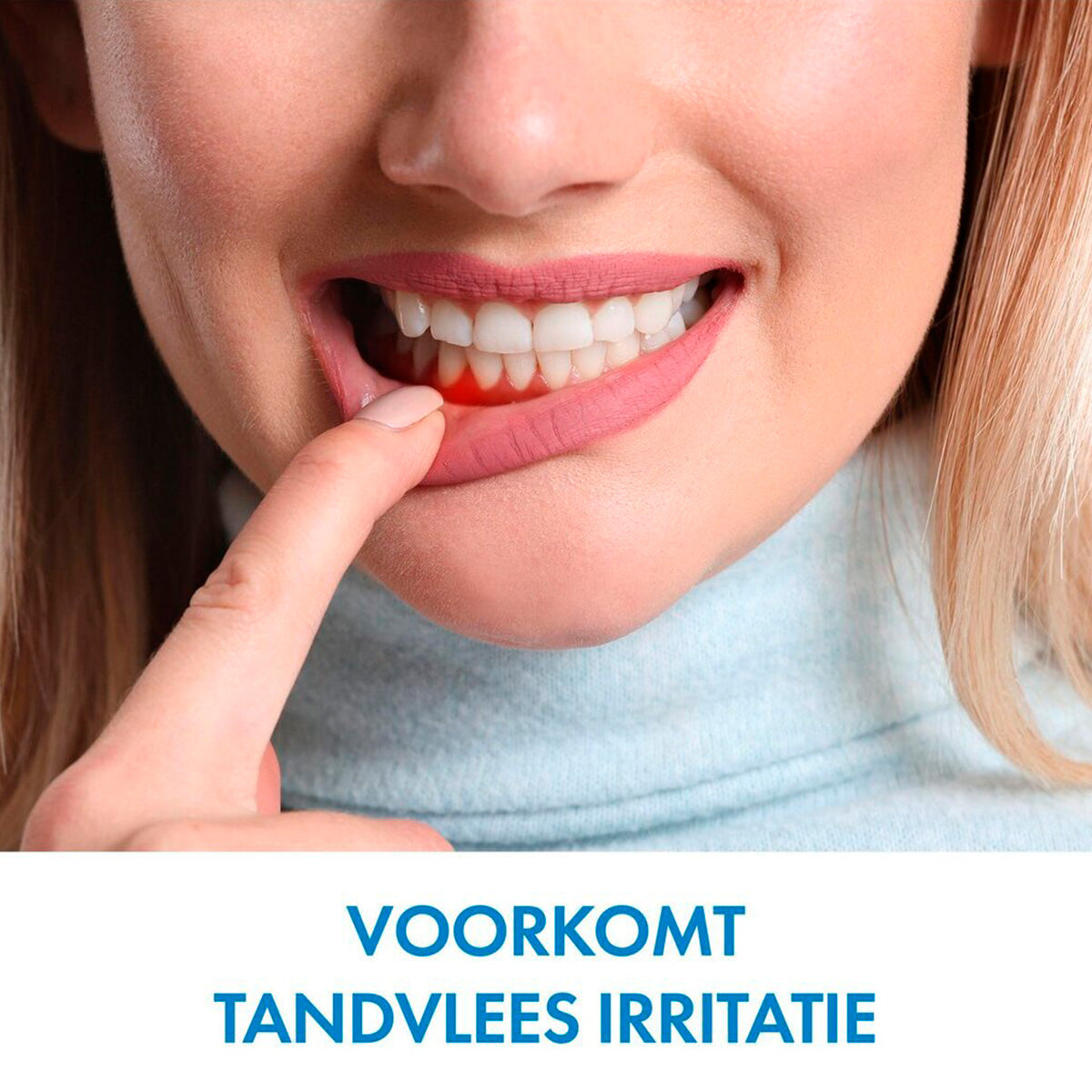 Meridol Mondspoeling vrouw wijst naar rood tandvlees, tekst voorkomt tandvlees irritatie