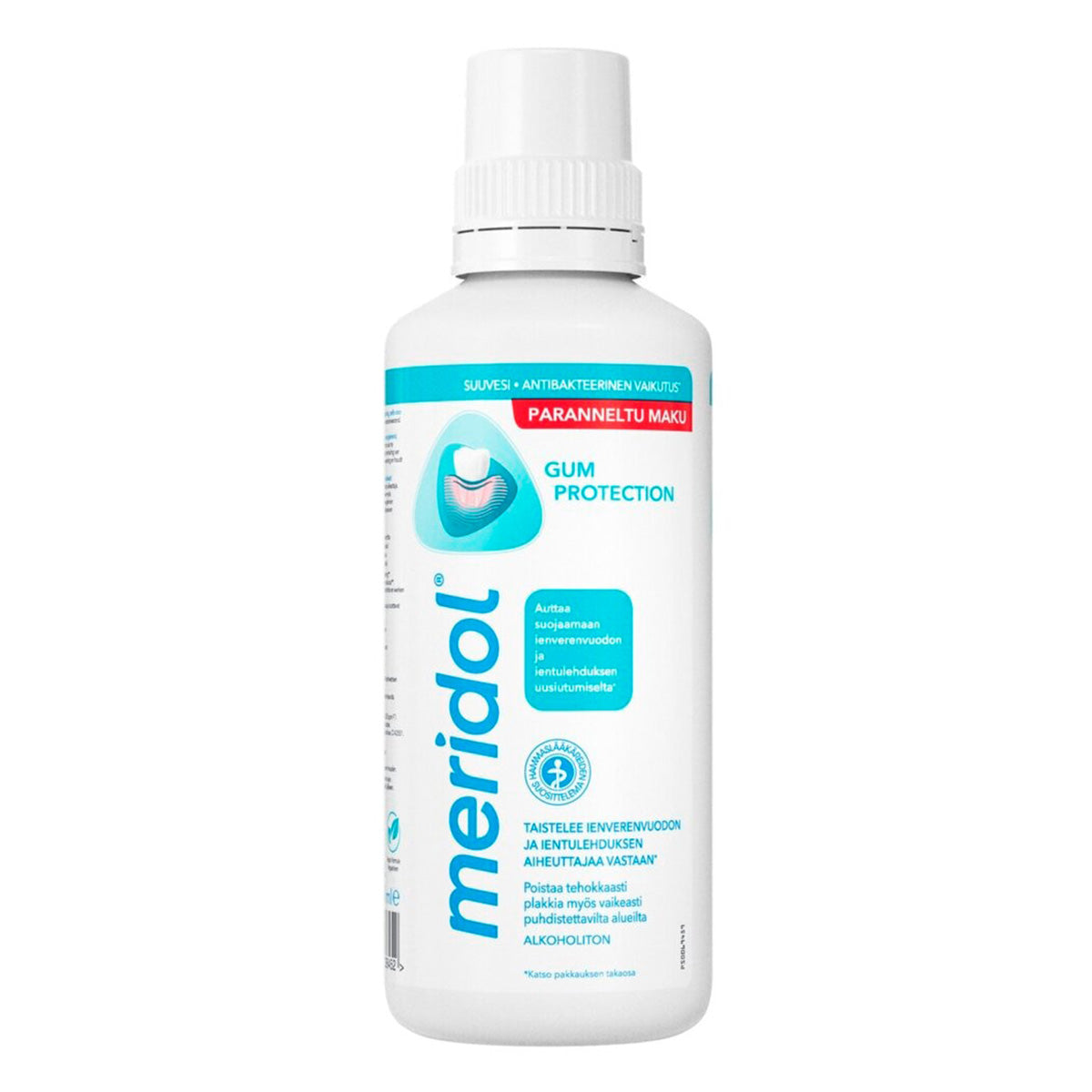 Meridol Mondspoeling fles met blauw-wit etiket en Gum Protection tekst