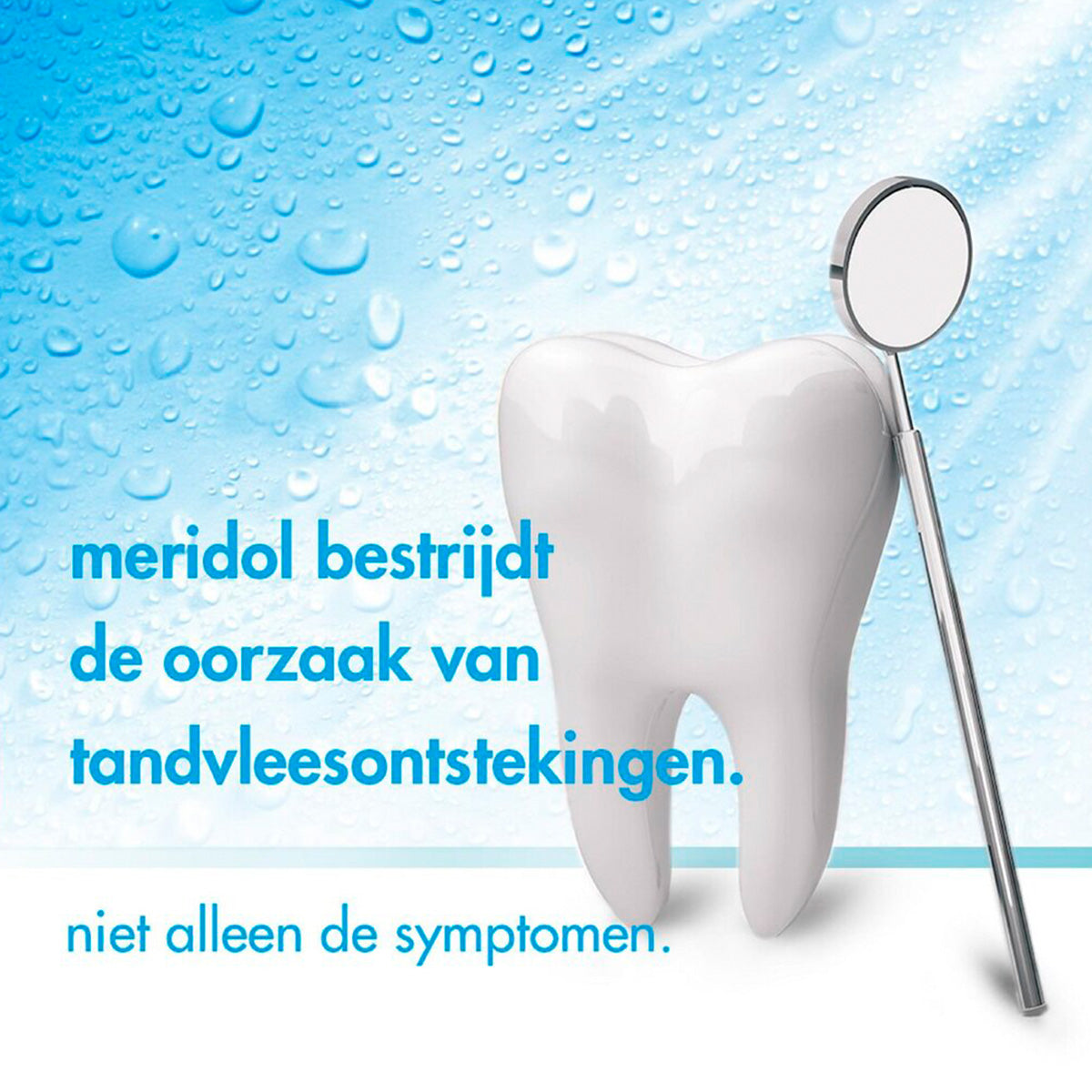 Meridol Mondspoeling illustratie kies met tandartsspiegel, tekst bestrijdt oorzaak tandvleesontstekingen
