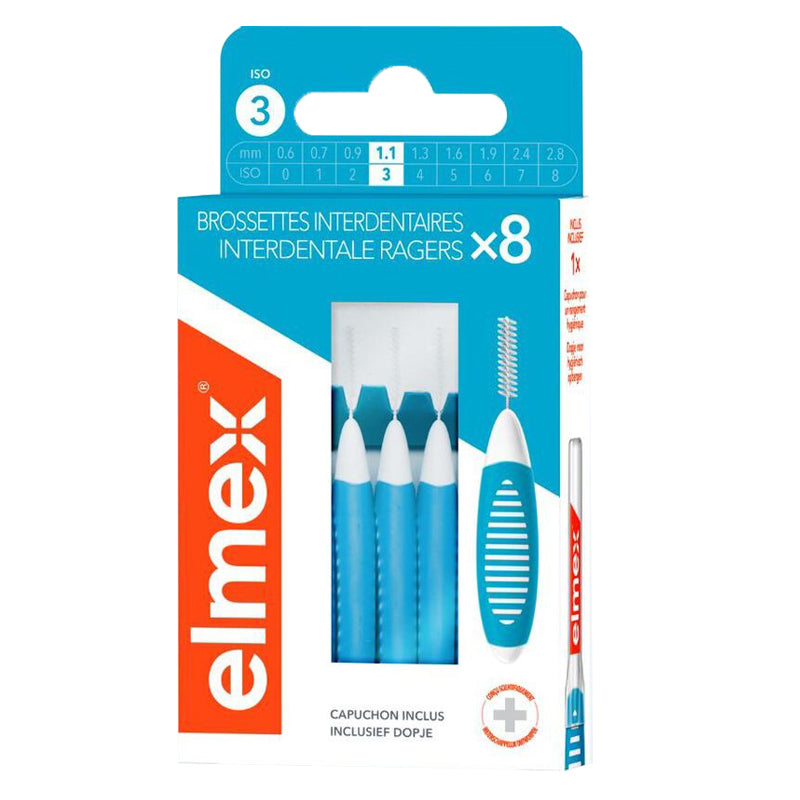 Elmex Interdentale ragers ISO 3 1,1 mm verpakking met 8 blauwe ragers en dopje
