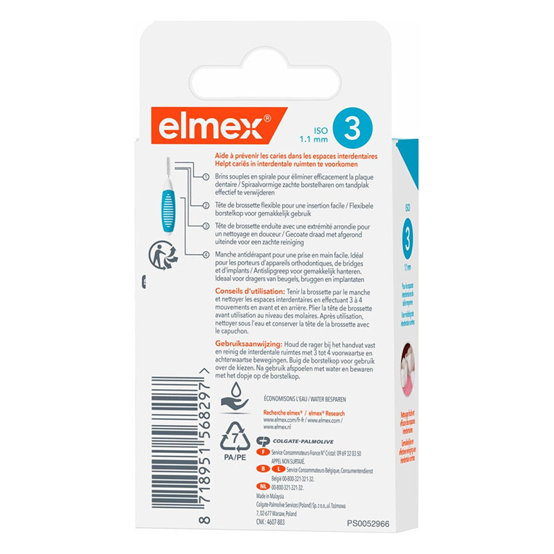 Elmex interdentale ragers ISO 3 1,1 mm achterzijde verpakking met gebruiksaanwijzing