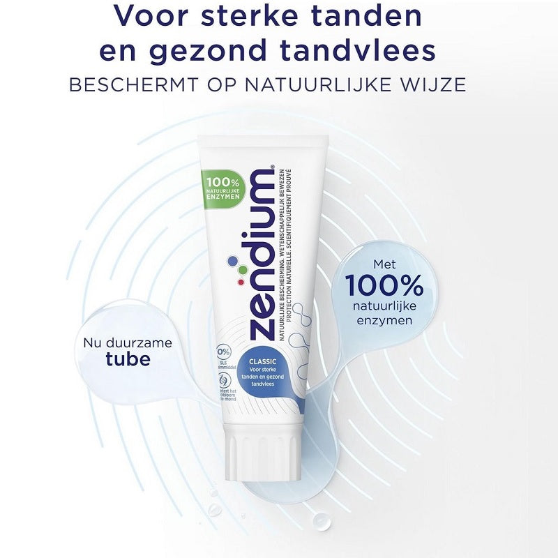 Zendium Tandpasta Classic tube met tekst over natuurlijke enzymen en duurzame tube
