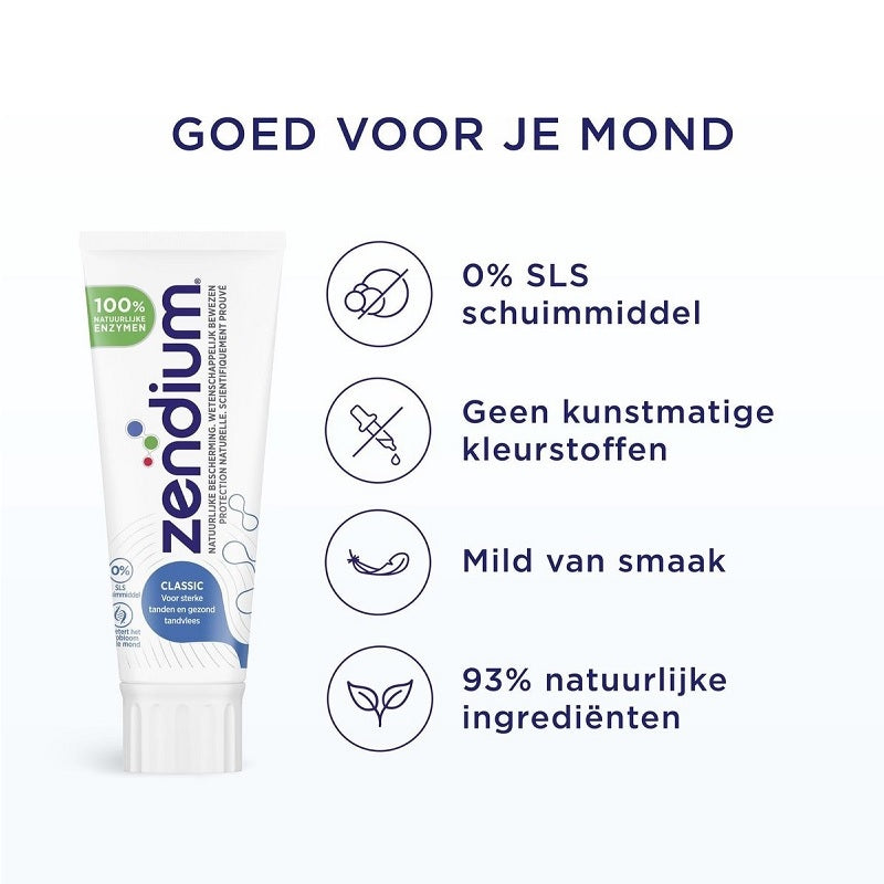 Zendium Tandpasta Classic met kenmerken: 0% SLS, mild en natuurlijke ingrediënten