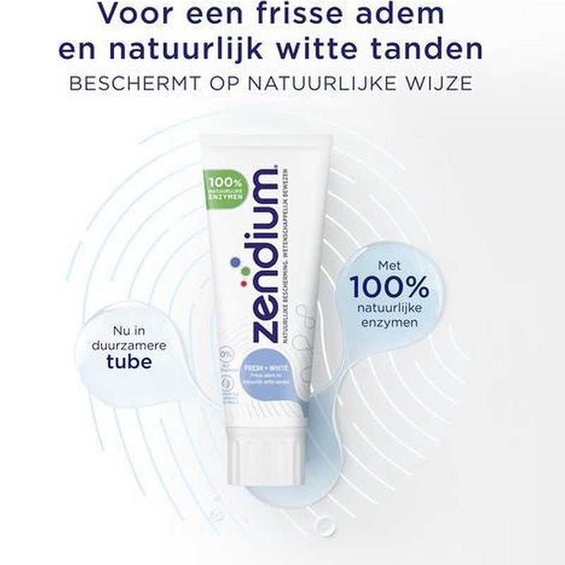 Zendium Tandpasta Fresh+White met tekst frisse adem, witte tanden, 100% natuurlijke enzymen