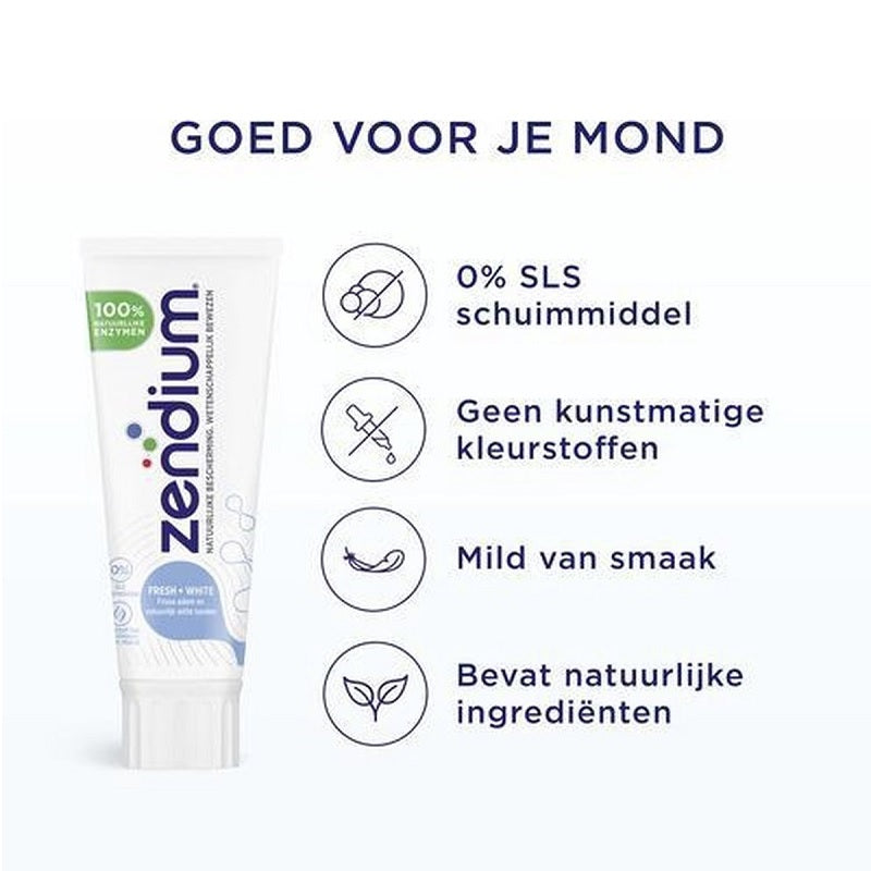 Zendium Tandpasta Fresh+White met iconen: 0% SLS, mild, natuurlijke ingrediënten