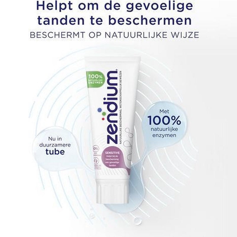 Zendium Tandpasta Sensitive tube met tekst helpt gevoelige tanden beschermen met natuurlijke enzymen