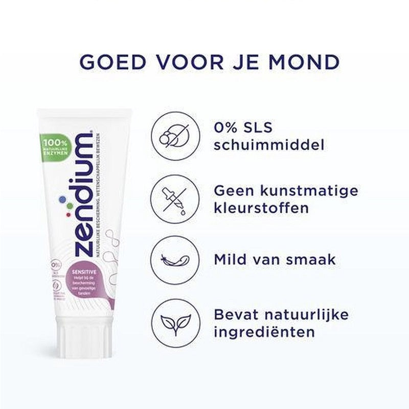 Zendium Tandpasta Sensitive tube met kenmerken: 0% SLS, geen kleurstoffen, mild, natuurlijk