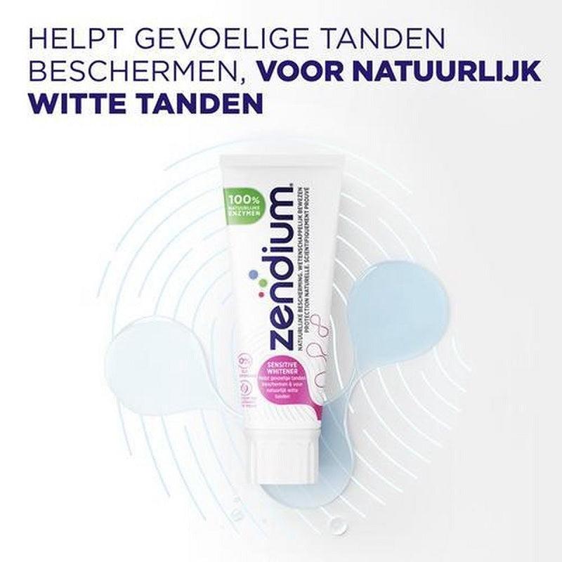 Zendium Tandpasta Sensitive Whitener met tekst helpt gevoelige tanden beschermen voor natuurlijk witte tanden