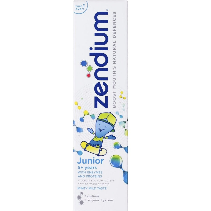 Zendium Tandpasta Junior verpakking met cartoonfiguur op skateboard