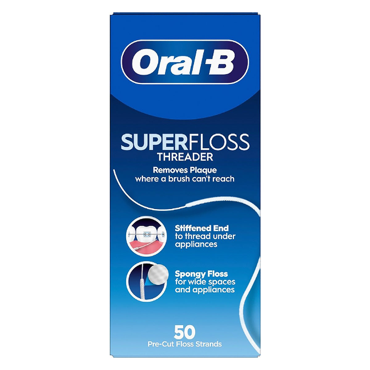 Oral-B Super Floss verpakking met 50 voorgesneden flosdraden en stijve doorsteekpunt