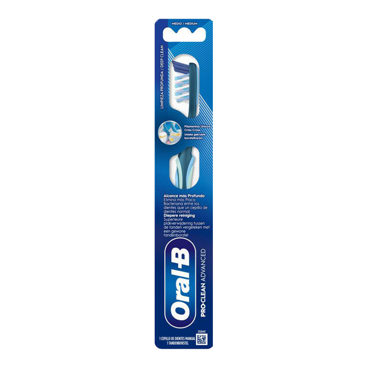 Oral-B tandenborstel Pro-Clean Advanced medium in blauwe verpakking met detailfoto's