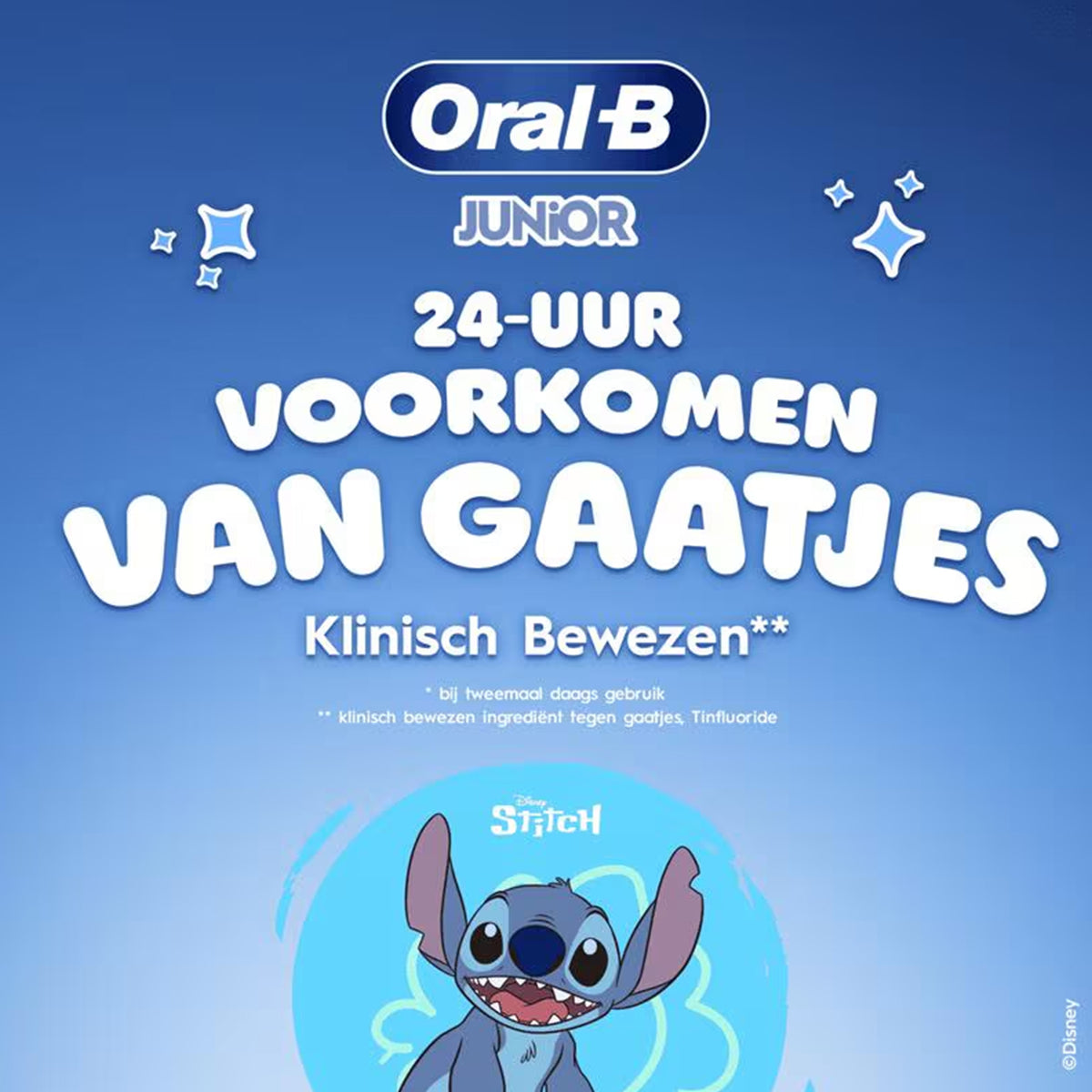 Oral-B Tandpasta Junior Stitch met tekst 24-uur voorkomen van gaatjes, klinisch bewezen