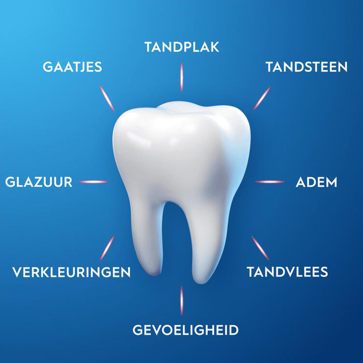 Oral-B Tandpasta Pro-Expert Gevoeligheid infographic met tandproblemen rond kies zoals gaatjes en tandsteen