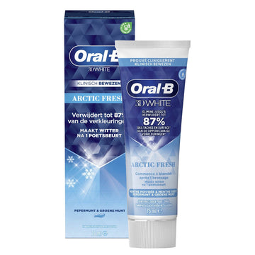 Oral-B Tandpasta 3D White Arctic Fresh verpakking en tube naast elkaar