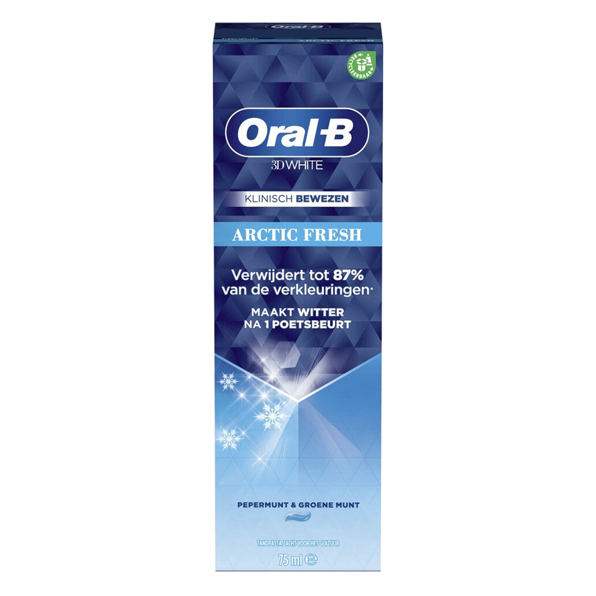 Oral-B Tandpasta 3D White Arctic Fresh verpakking met pepermunt en groene munt smaak
