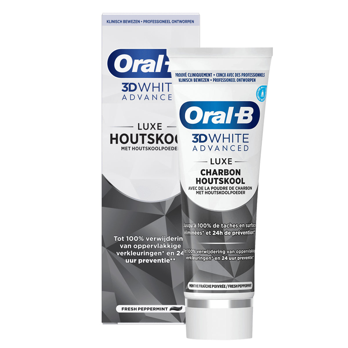 Oral-B Tandpasta 3D White Advanced Charcoal verpakking en tube naast elkaar
