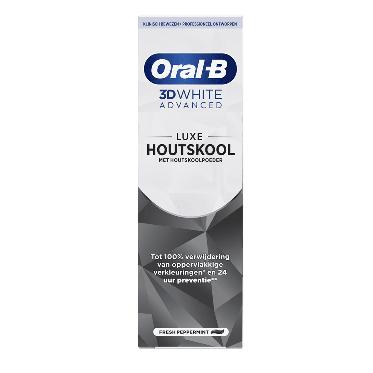 Oral-B Tandpasta 3D White Advanced Charcoal verpakking met houtskoolpoeder, fresh peppermint