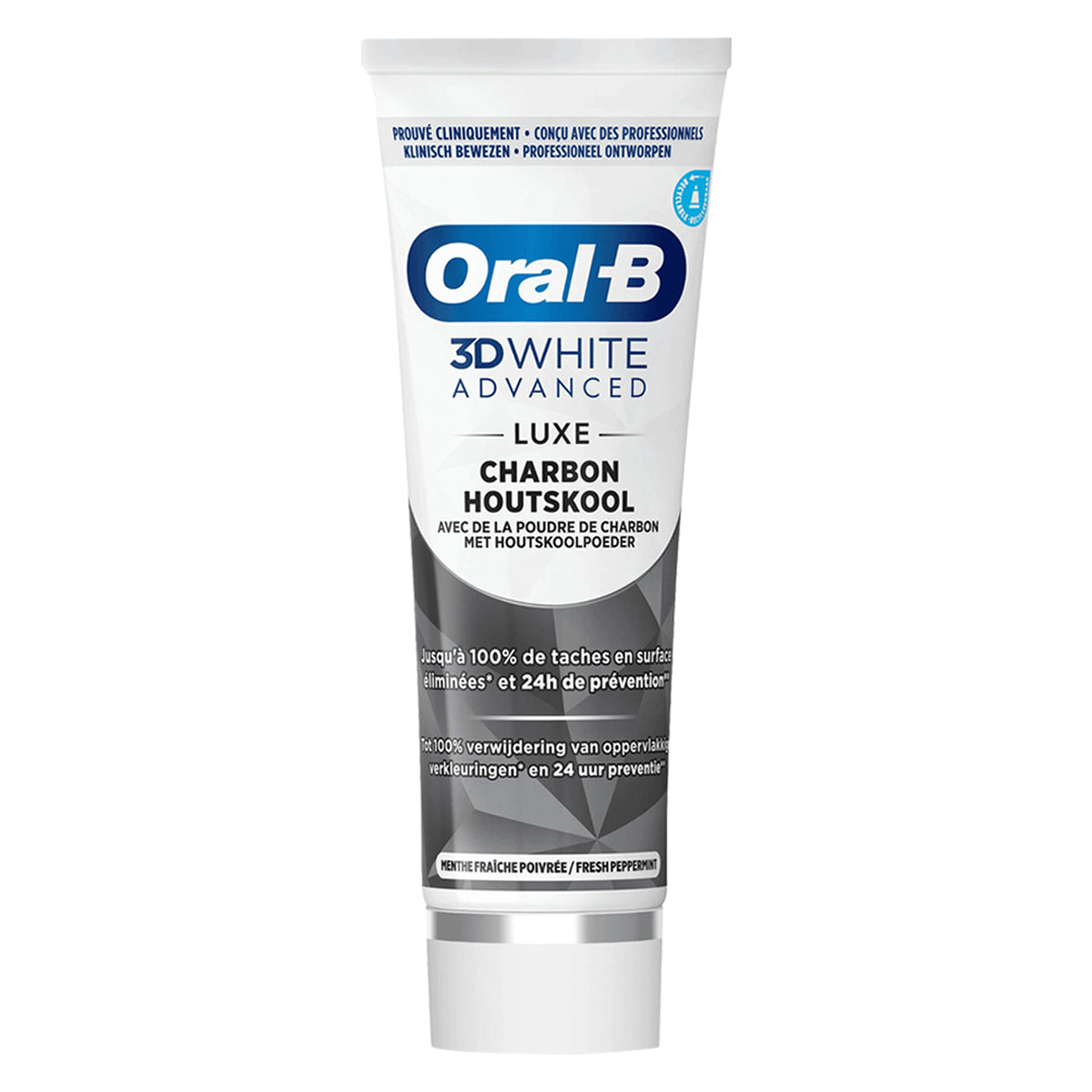 Oral-B tandpasta 3D White Advanced Charcoal tube met houtskoolpoeder in close-up