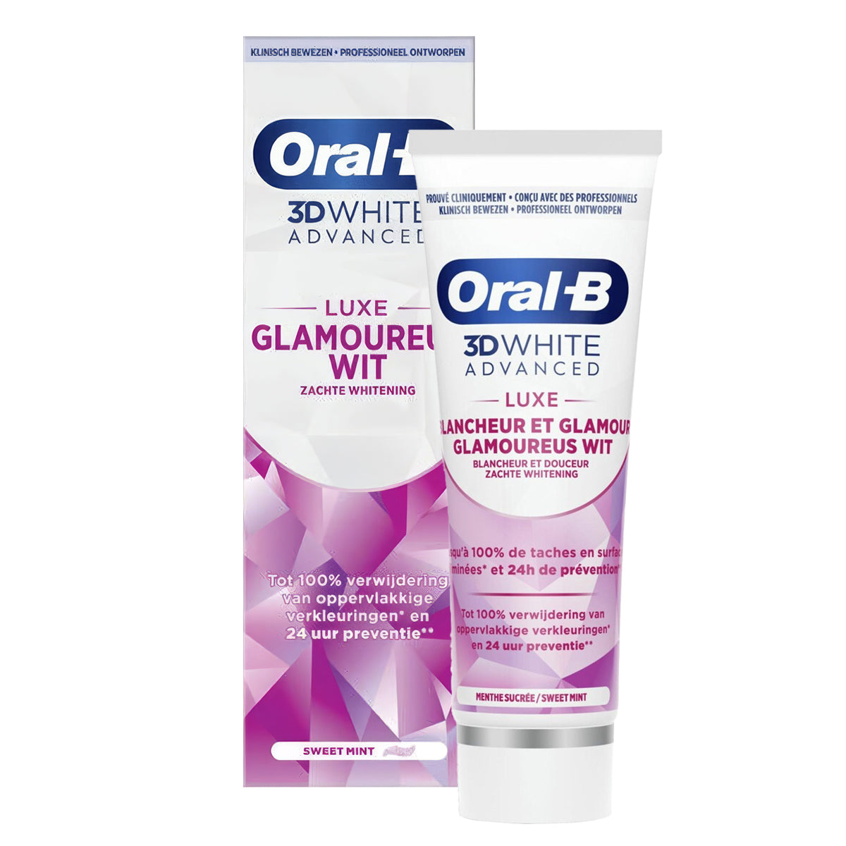 Oral-B Tandpasta 3D White Advanced Glamoureus Wit doos en tube naast elkaar