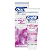 Oral-B Tandpasta 3D White Advanced Glamoureus Wit doos en tube naast elkaar