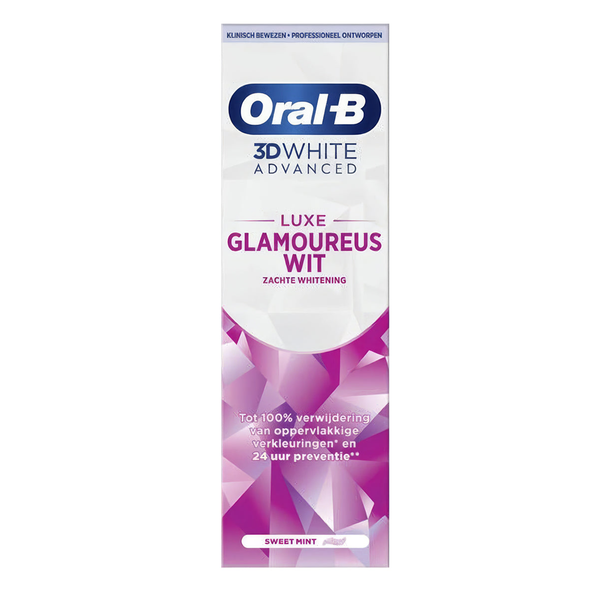 Oral-B Tandpasta 3D White Advanced Glamoureus Wit verpakking met productinformatie