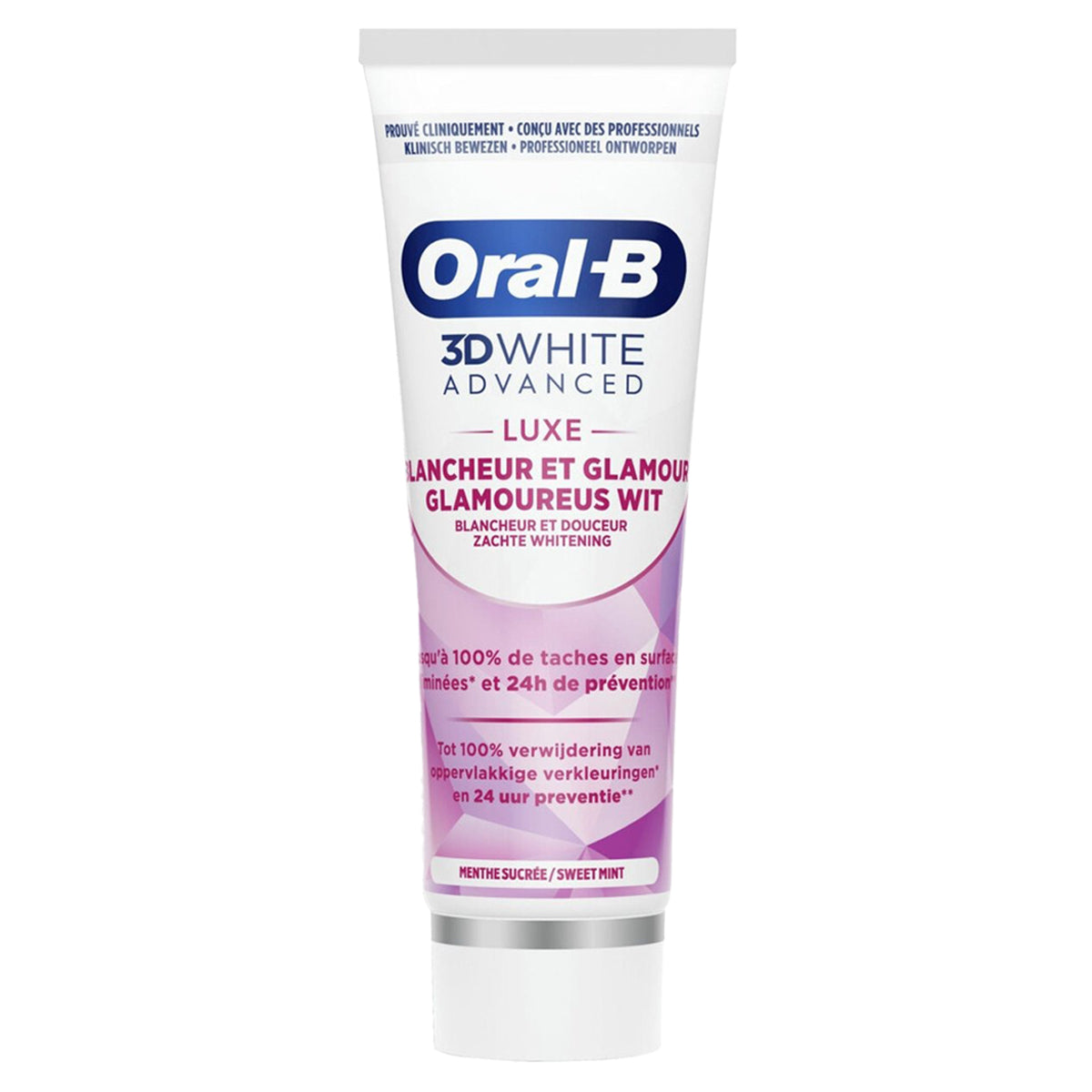 Oral-B Tandpasta 3D White Advanced Glamoureus wit tube met tekst zachte whitening