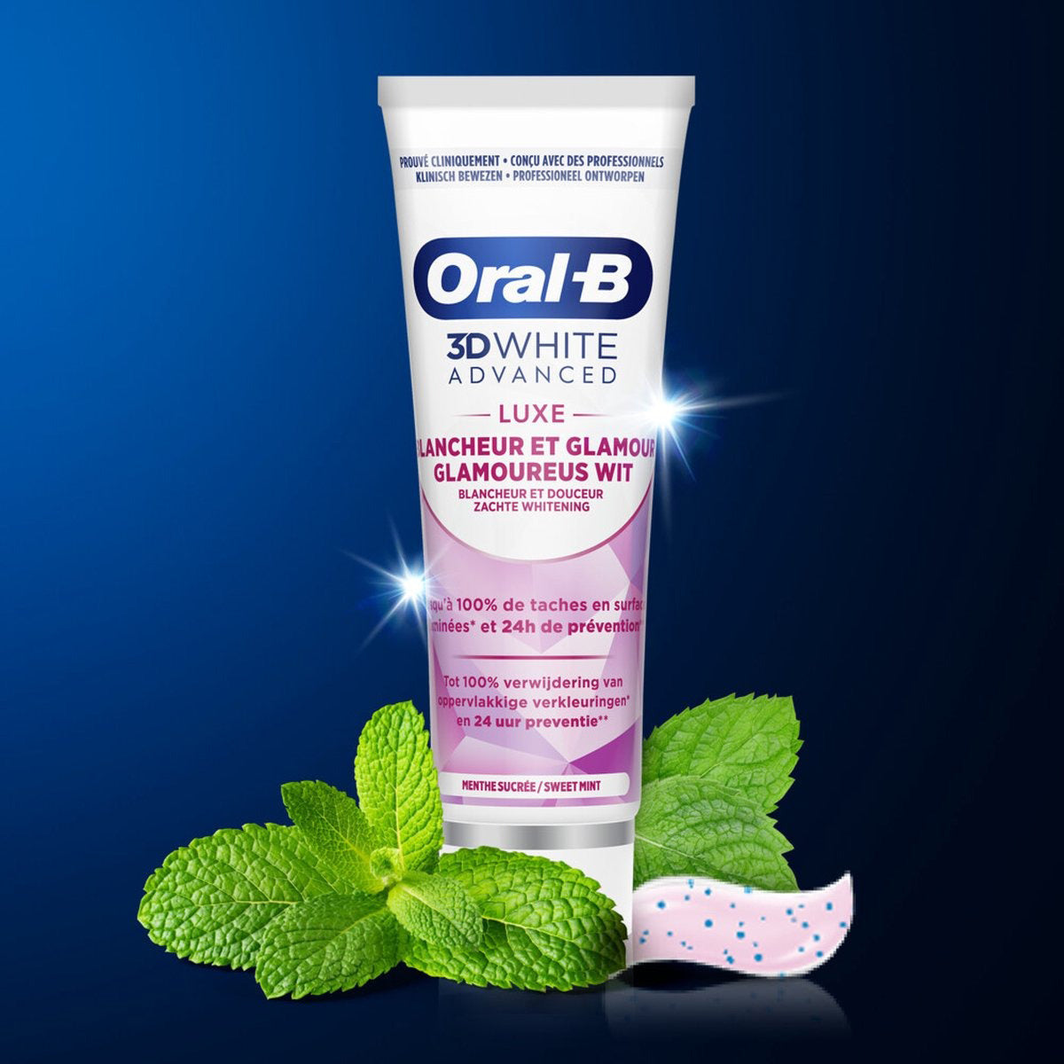 Oral-B Tandpasta 3D White Advanced Glamoureus wit met muntblaadjes en tandpastastreep
