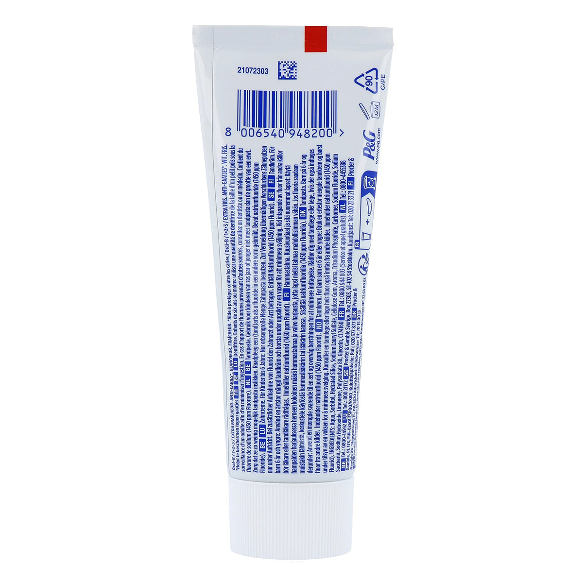 Oral-B Tandpasta 1-2-3 Extra Fresh achterzijde tube met ingrediënten en streepjescode