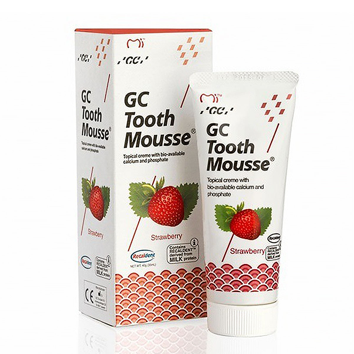 GC Tooth Mousse Aardbei tube naast verpakking met aardbeienafbeelding