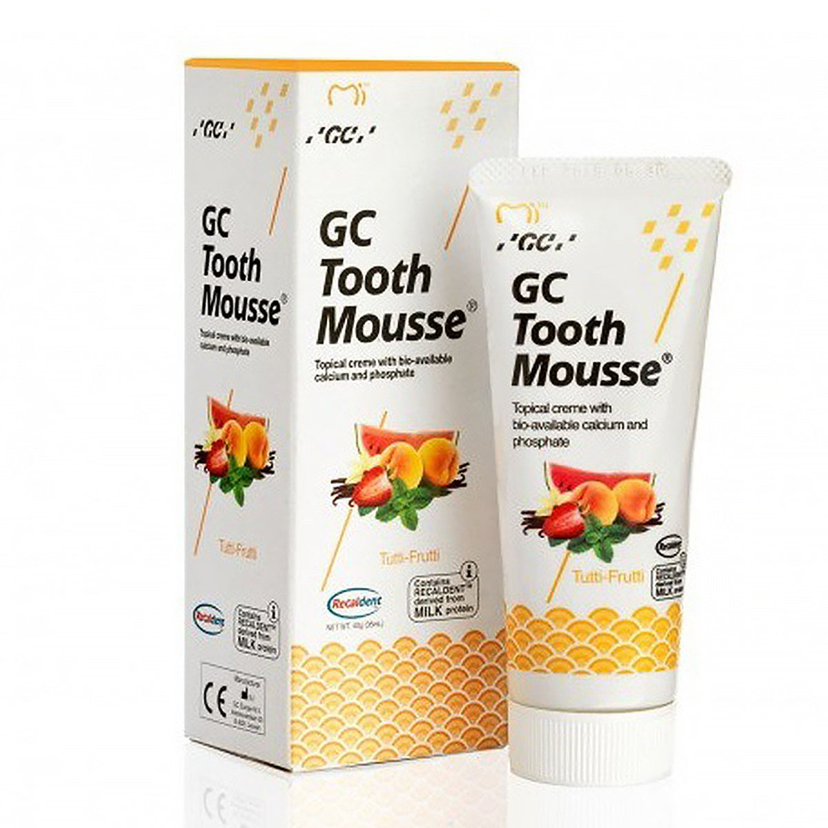 GC Tooth Mousse Tutti Frutti tube naast verpakkingsdoosje