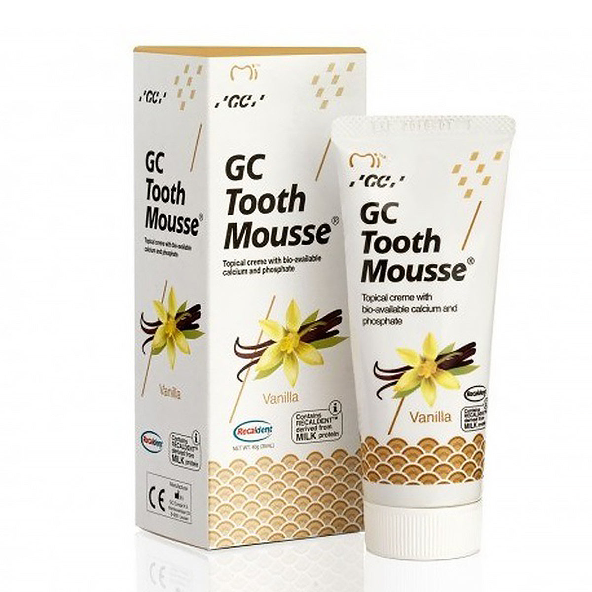 GC Tooth Mousse Vanille tube naast witte verpakkingsdoos met vanillebloemen