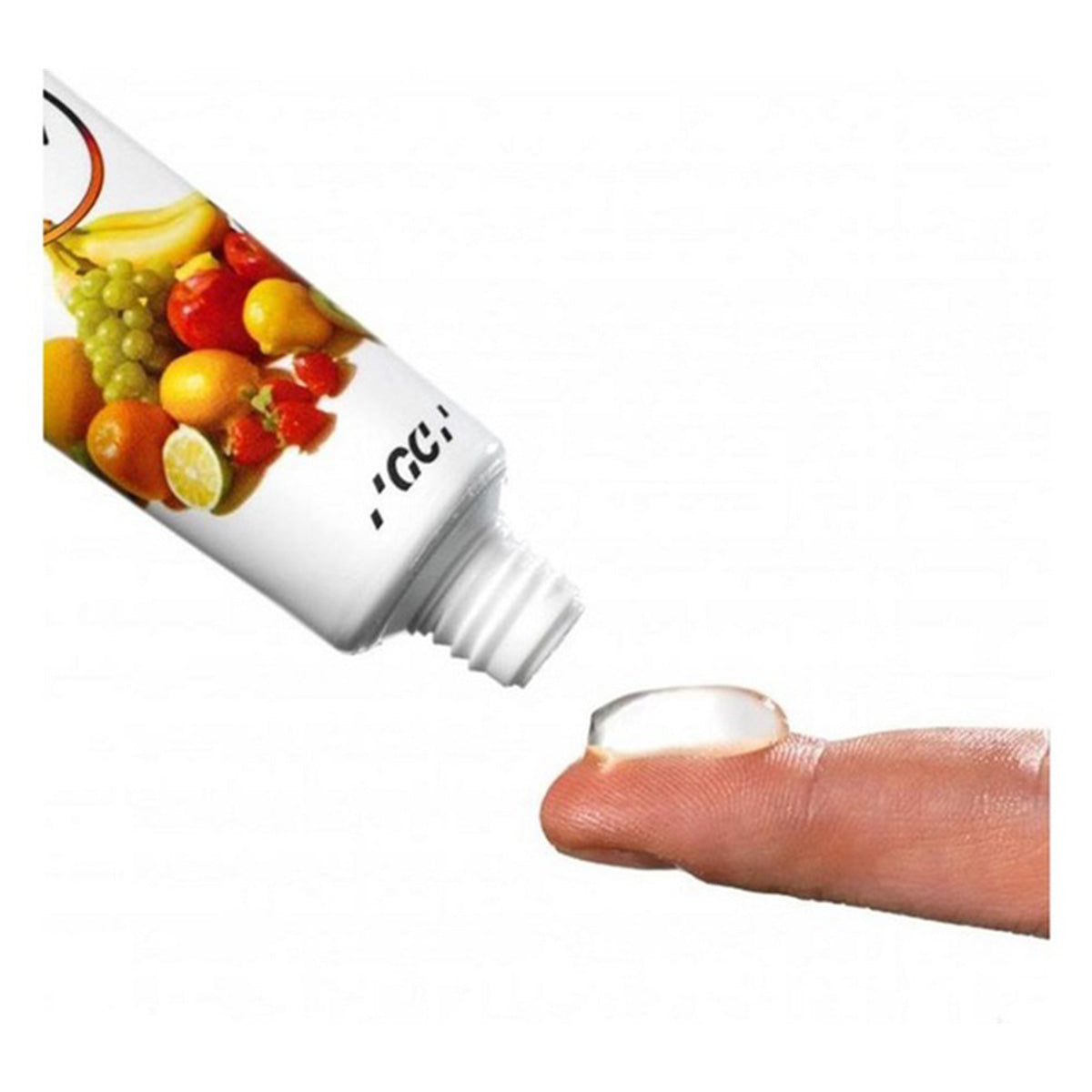 GC Dry Mouth gel Lemon druppel gel op vingertop bij tube met fruit