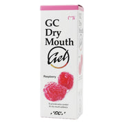 GC Dry Mouth Gel Framboos verpakking met roze doosje en frambozen afbeelding