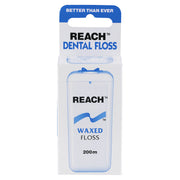 Reach Dental Floss Waxed verpakking met witte doos en blauwe accenten 200m