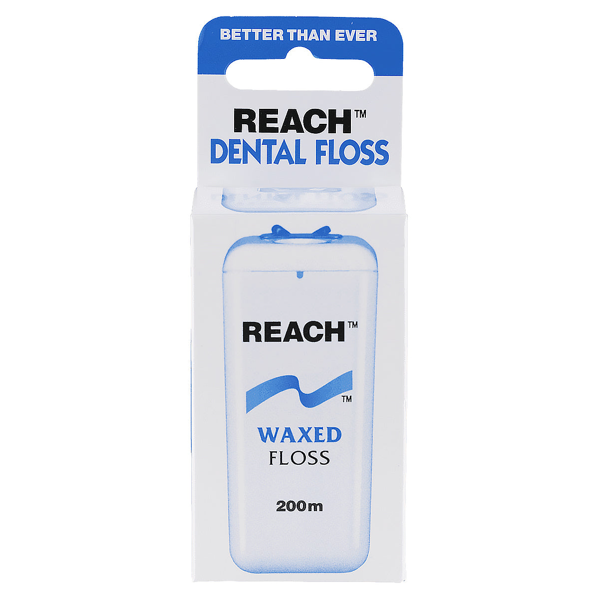 Reach Dental Floss Waxed verpakking met witte doos en blauwe accenten 200m