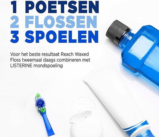 Reach dental Floss Waxed stappenplan poetsen flossen spoelen met Listerine