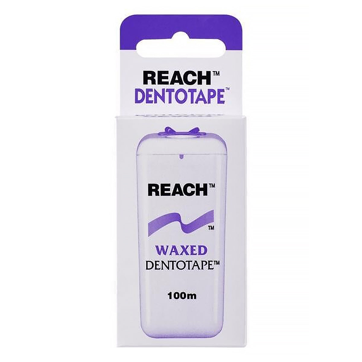 Reach Dentotape Waxed verpakking met paarse doos en flosdispenser 100m