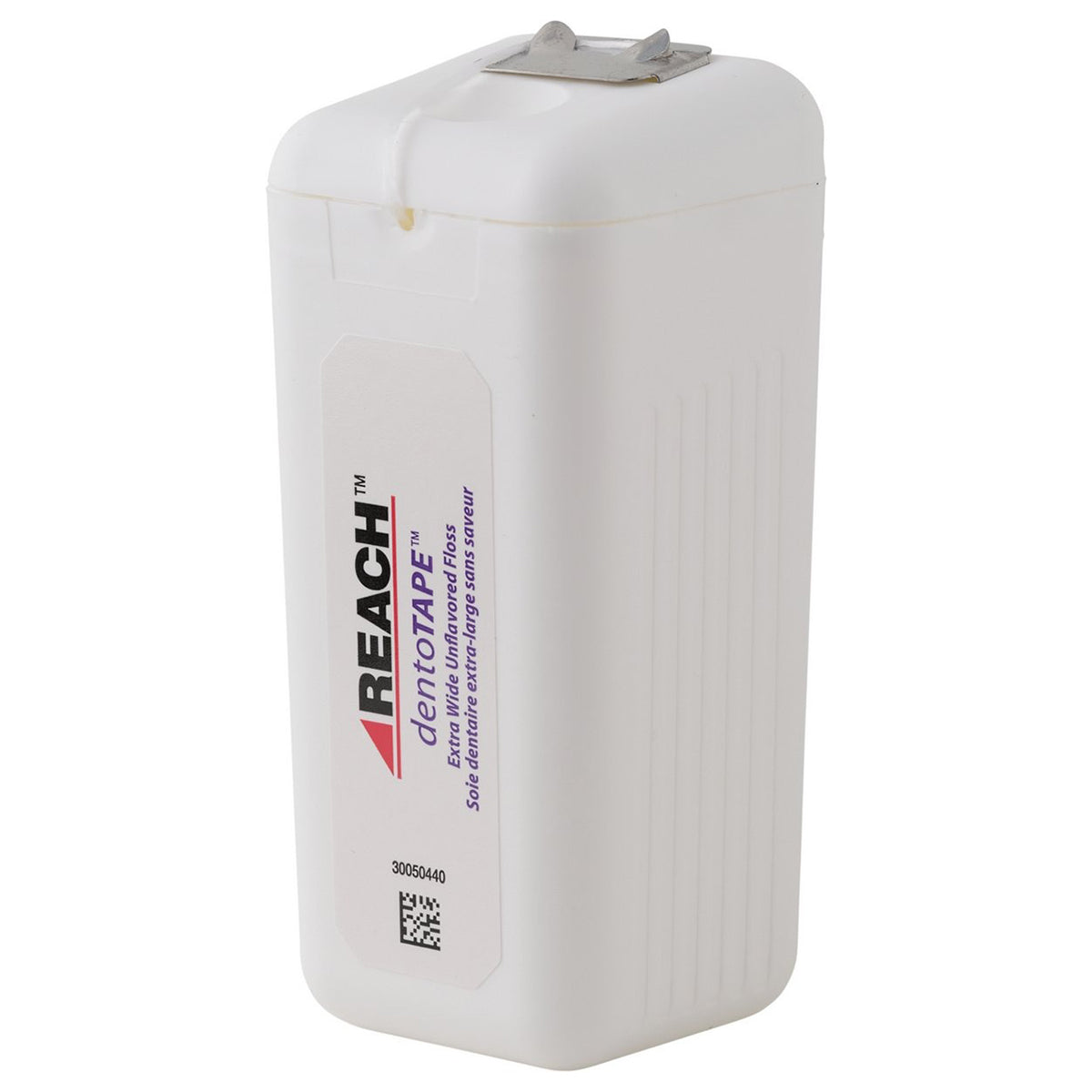Reach Dentotape Waxed flosverpakking in wit doosje, zijaanzicht met barcode