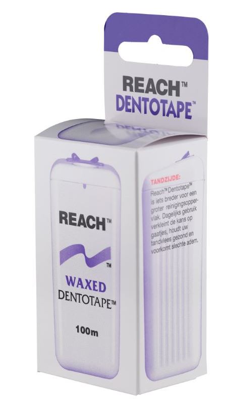 Reach Dentotape Waxed verpakking met tekst over tandzijde en gebruik