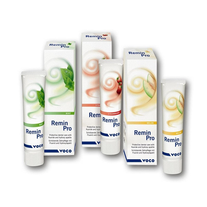 Voco Remin Pro Mint tubes en verpakkingen in mint, aardbei en meloen smaak