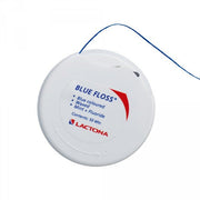 Lactona Blue Floss, ronde witte doos met blauwe waxfloss en draad zichtbaar