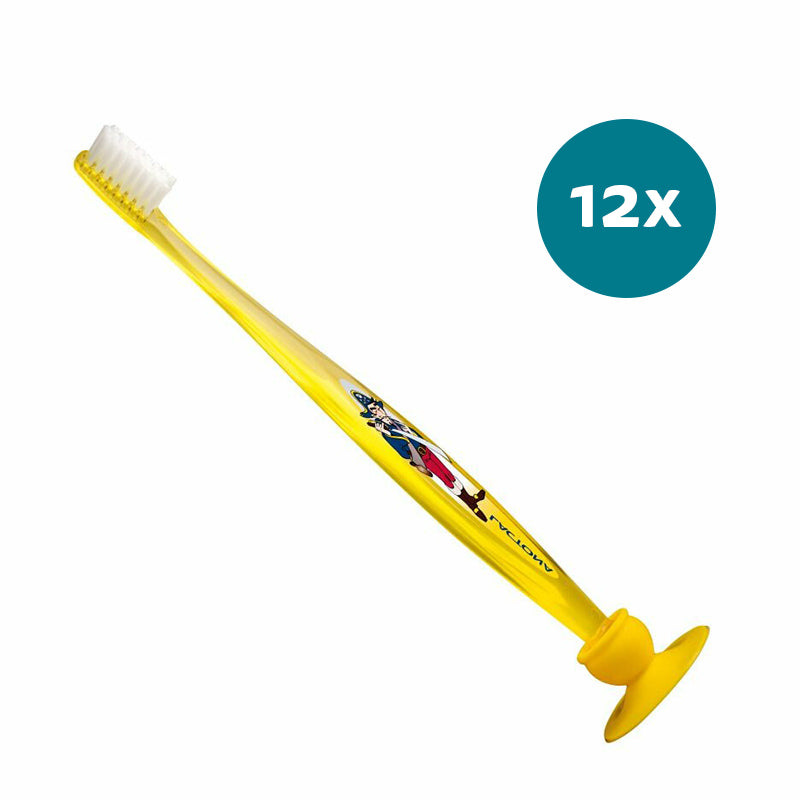 Lactona tandenborstel Kidsbrush geel met zuignap en print, 12 stuks