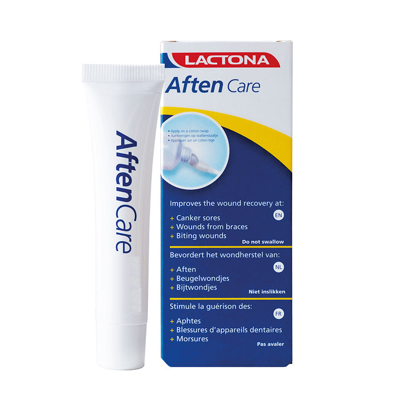 Lactona AftenCare Gel tube naast verpakking met tekst over wondherstel