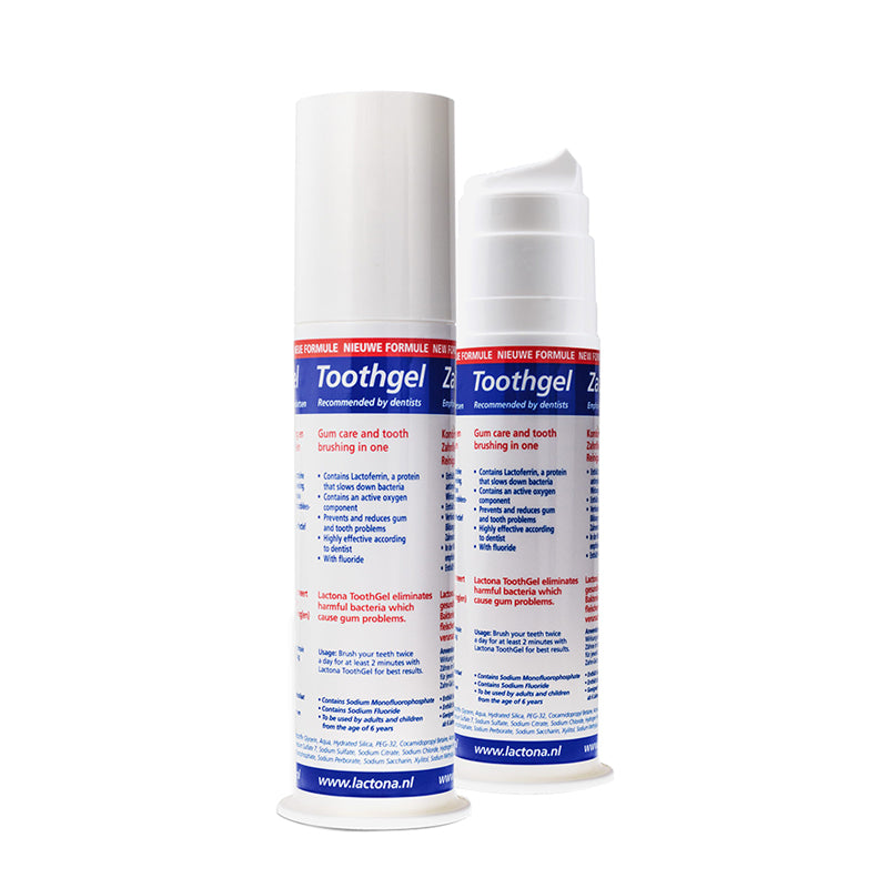 Lactona tandgel witte pompflacon met blauw-rood etiket, twee verpakkingen naast elkaar