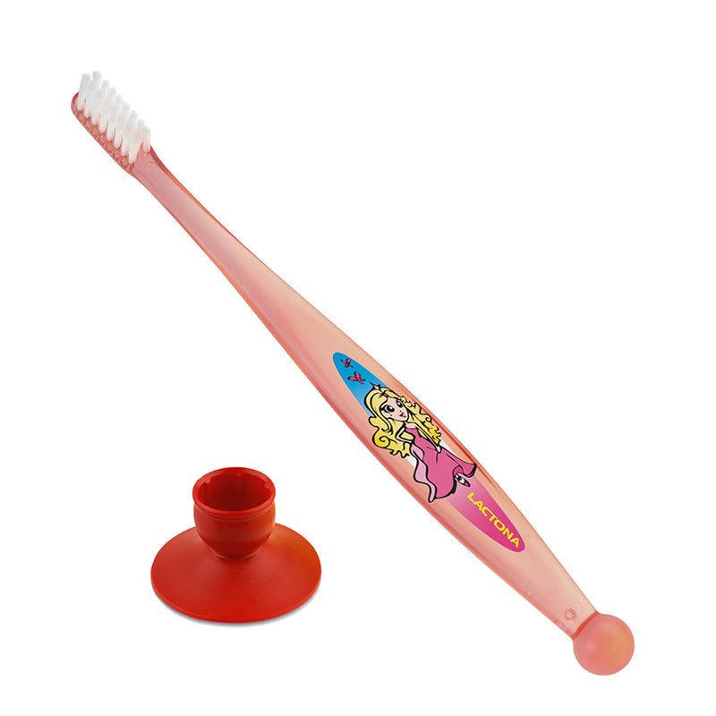 Lactona tandenborstel Kidsbrush roze met prinses en rode zuignapstandaard