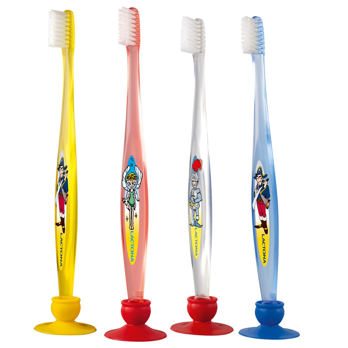 Lactona Kidsbrush tandenborstels in vier kleuren met figuurtjes en zuignap