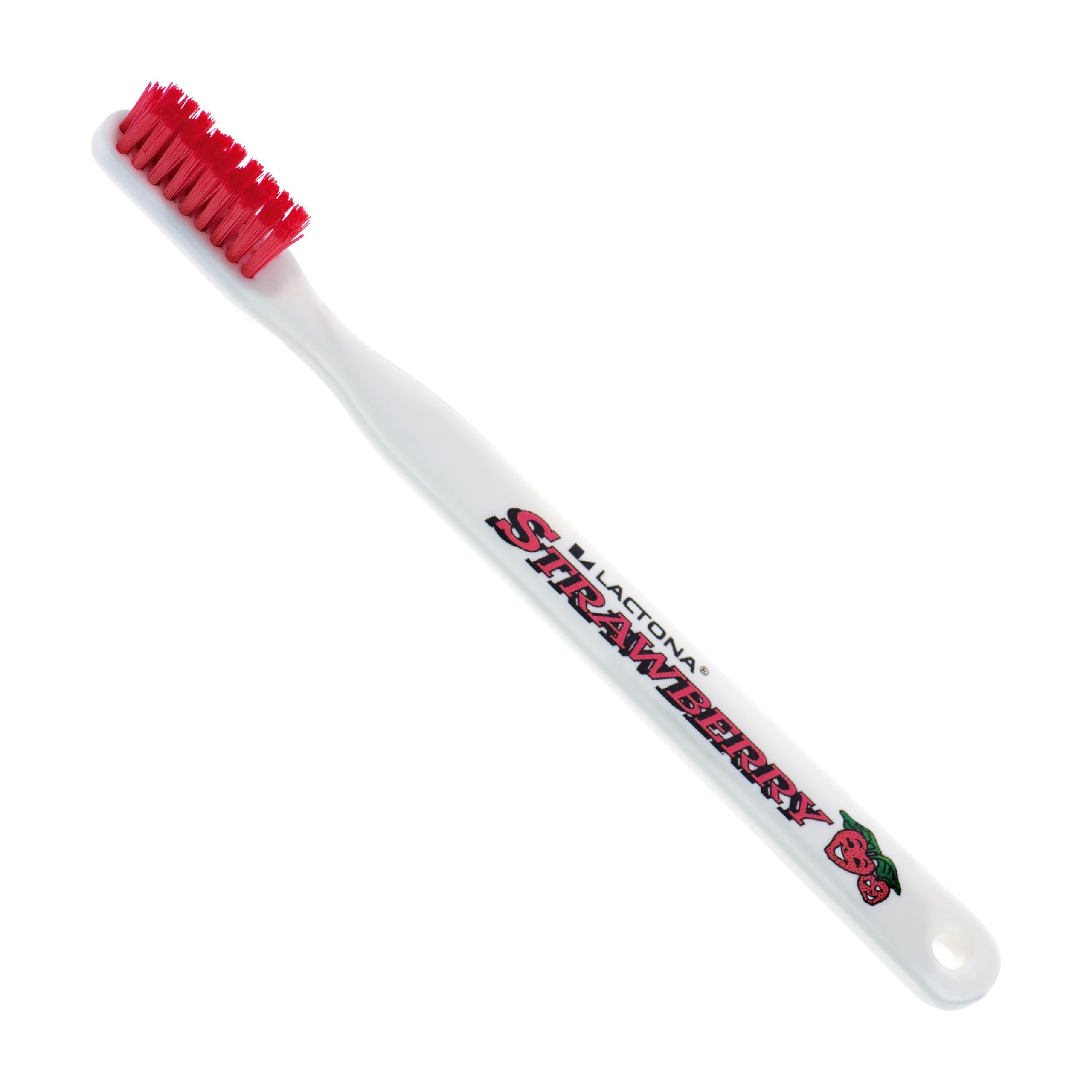 Lactona tandenborstel Toby Fruity witte steel met rode kop en aardbei-opdruk