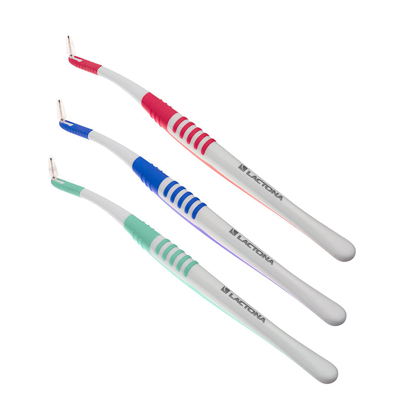 Lactona Proxabrush houders type A in rood, blauw en groen naast elkaar